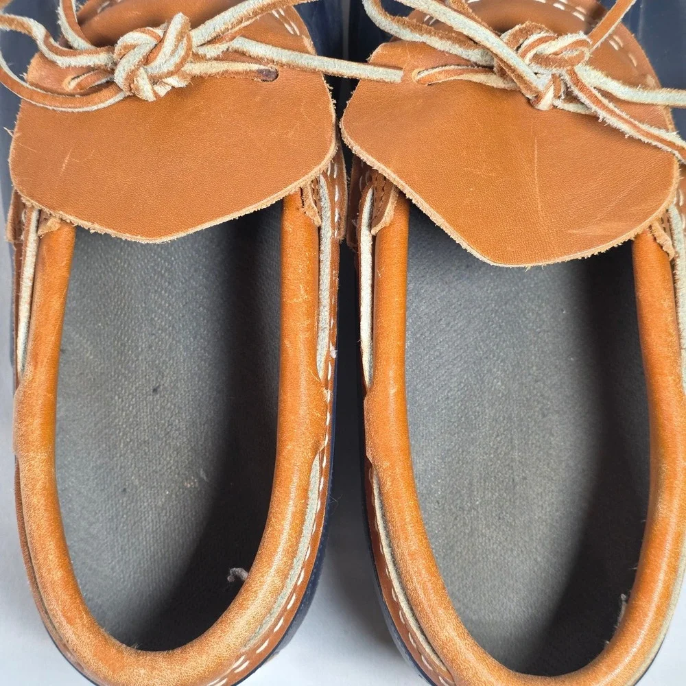 LL Bean Bean Boot Mens 8 Navy Blue Tan Leather Rubber Moc Duck Boots Made in USA